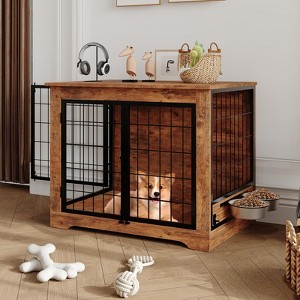 32" Dog Crate Furniture with Rotating Feeder, Wooden Crate End Table with 2 Doors, Heavy Duty Indoor Kennel Cage for Small to Medium Dogs - 1 of 4