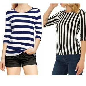 Allegra K Women's Elbow Sleeves Round Neck Slim Fit T-Shirt 2 Packs - 1 of 4