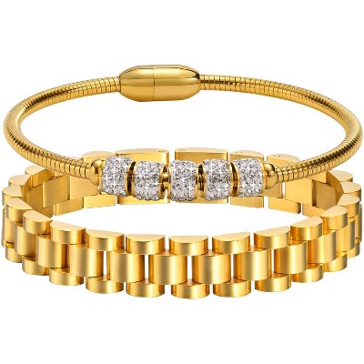 2pcs Gold Chain Link Bracelet, Stainless Steel Crystal Friendship Bracelets Bangle,Watch Band Chains Wristband