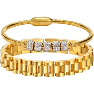 2pcs Gold Chain Link Bracelet, Stainless Steel Crystal Friendship Bracelets Bangle,Watch Band Chains Wristband - 1 of 4