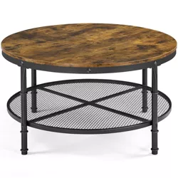 Yaheetech Round Coffee Table with Iron Mesh Storage Shelf for Living Room, Rustic Brown