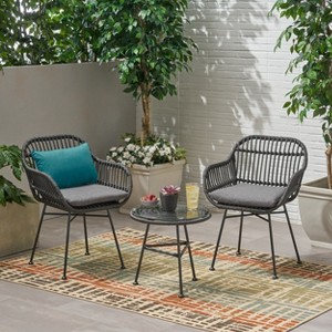 Christopher Knight Home Lehrman Outdoor Wicker and Tempered Glass 3 Piece Chat Set with Cushion - 1 of 4