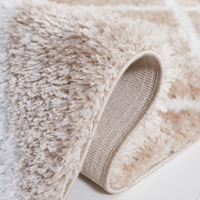 Beige and White Geometric Shag Runner Rug 2' x 9'