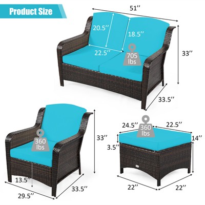 Turquoise Cushioned 5-Piece Rattan Patio Sofa Set
