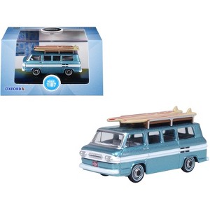 1961 Chevrolet Corvair Greenbrier Van Turquoise Met & Cameo White w/Surfboards 1/87 (HO) Scale Diecast Model Car Oxford Diecast - 1 of 4