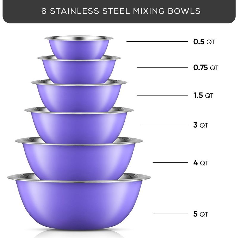 JoyJolt Stainless Steel Food Mixing Bowl Set of 6 Kitchen Mixing Bowls - Purple, 3 of 7
