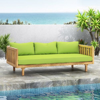 67.75" Patio Sofa, 3 Seater Outdoor Sofa with Rattan Arms, Acacia Wood Daybed with Water-Resistant Cushions -Christopher Knight Home