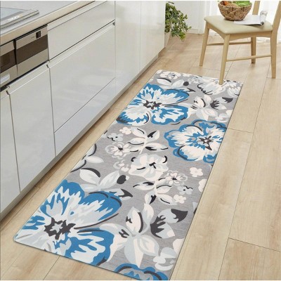 Blue and Gray Floral Anti-Fatigue Kitchen Mat