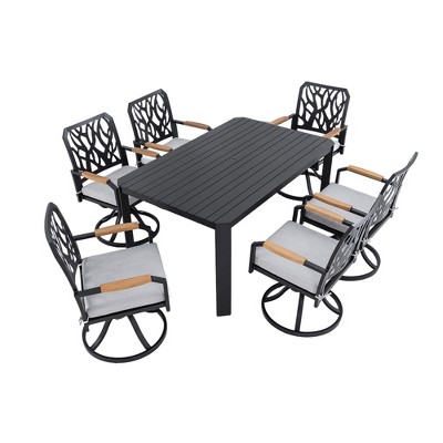 TiramisuBest 7-Piece Aluminum Patio Set,6 Swivel Rockers,Cushions, Branch-Inspired Backrest, Rectangular Table w/Umbrella Hole (Bourbon Brown)