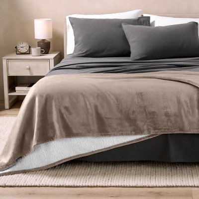 Taupe Reversible Sherpa Fleece Throw Blanket