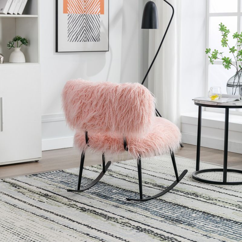 25''W Faux Fur Plush Nursery Rocking Chair, Fluffy Upholstered Accent Glider Chair with Metal Rocker-ModernLuxe, 4 of 8