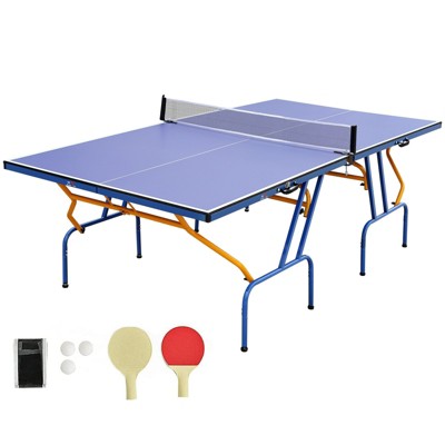 DSVIMOY Portable Ping Pong Table, 8ft Foldable Table Tennis Table Set with Net, 2 Paddles & 3 Balls for Indoor Outdoor, Blue&Orange, 96"*48"*30"