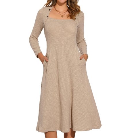 Женские платья INSPIRE CHIC Women's Casual Square Neck A-Line with Pockets Knitted Sweater Dress X-Large Light Khaki
