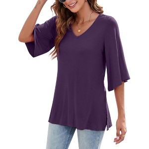 Coolmee Women's Loose V Neck Blouse with 3/4 Bell Sleeves - 1 of 4