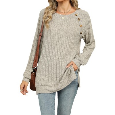 Women's Ribbed Long Sleeve T-Shirt Crew Neck Split Hem Top with Decorative Buttons Casual Top