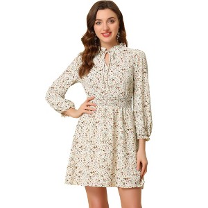 INSPIRE CHIC Women's Smocked Waist Tie Neck Floral Long Sleeve Dress - 1 of 4