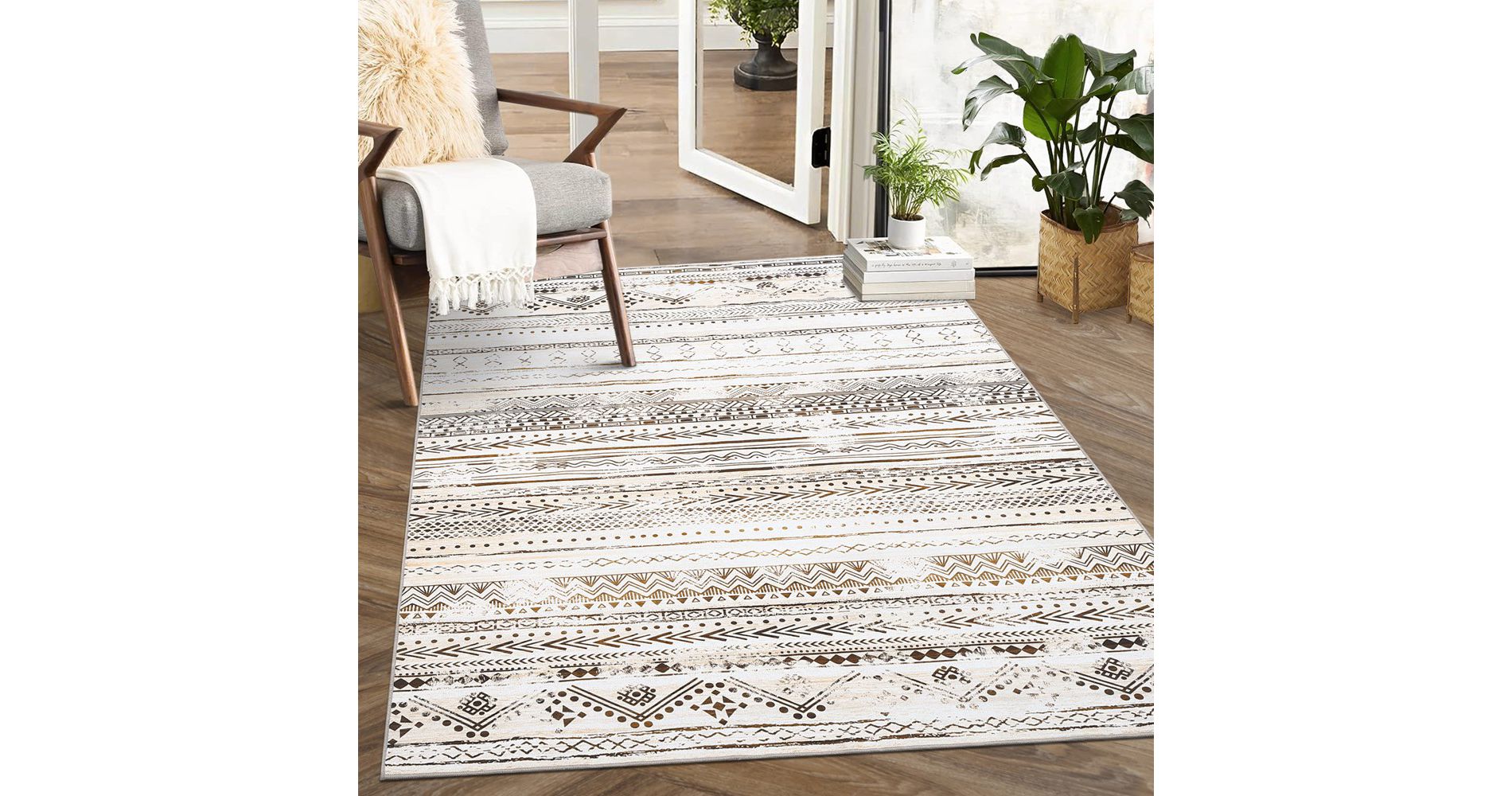 Area Rug Living Room Rugs 4x6 Washable Boho Farmhouse Bohemian Neutral Large Rug Moroccan Geometric No Slip Indoor Rug Soft Floor Carpet Brown
