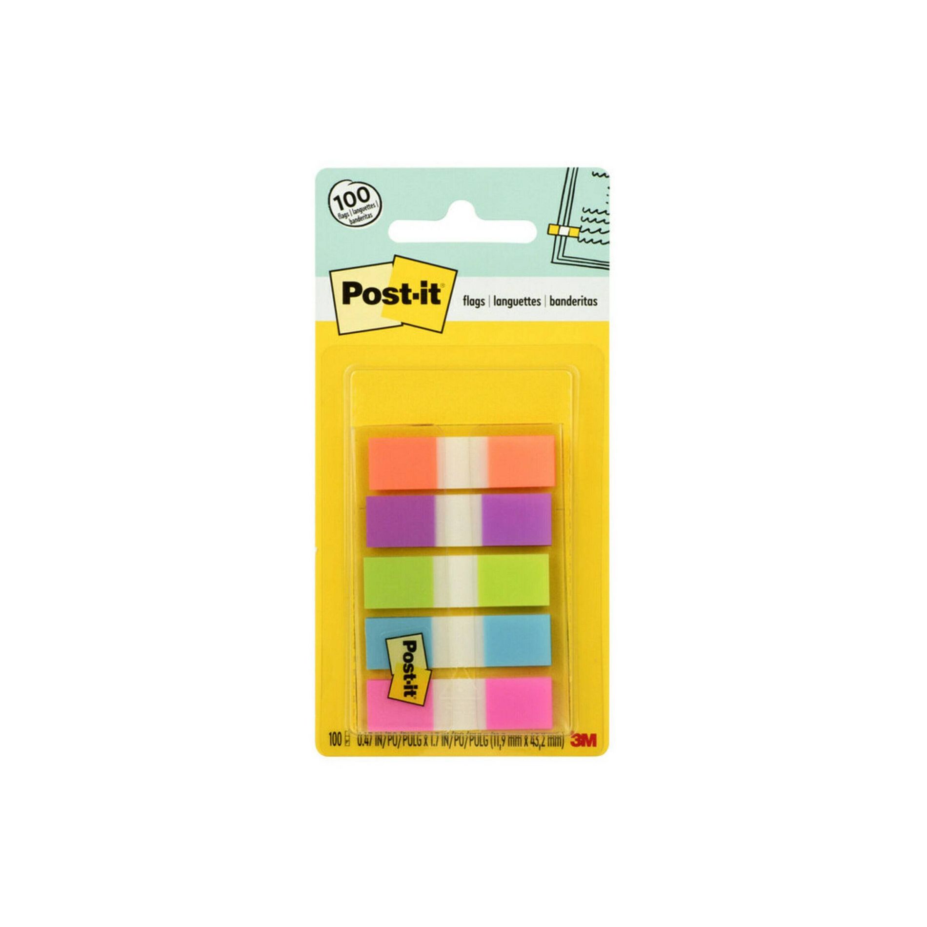 Post-it® Flags, Assorted Bright Colors, .5 in. Wide, 100 Flags/On-the-Go Dispenser: Multicolor Removable File Tabs