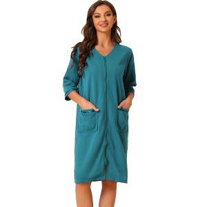 cheibear Women's Waffle 3/4 Sleeves Spa Bathrobe Loungewear Zipper Up One Piece Pajama Robes - 1 of 4