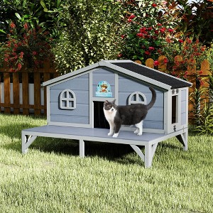 SEVOBAL Pet Crates and Houses All Weather Wooden Cat House Play Pen Cozy Fringe Curtains Lockable Doors for Outdoor Patio, Gray, 43.31"*31.1"*29.13" - 1 of 4