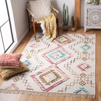 Bohemian Ivory Wool Handwoven Kilim Area Rug - 5' x 8'