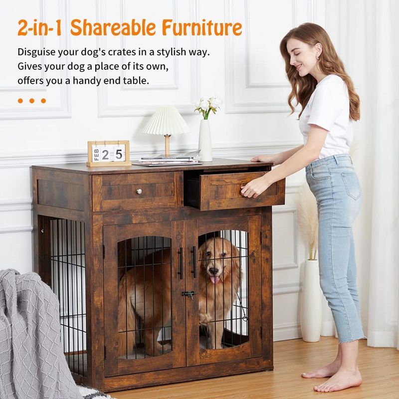 Dog Crate Furniture with 3 Doors,39.4" Large Dog Crate with 2 Drawer & Cushion,Wooden Dog House Kennel for Medium/Large Dog, 2 of 9