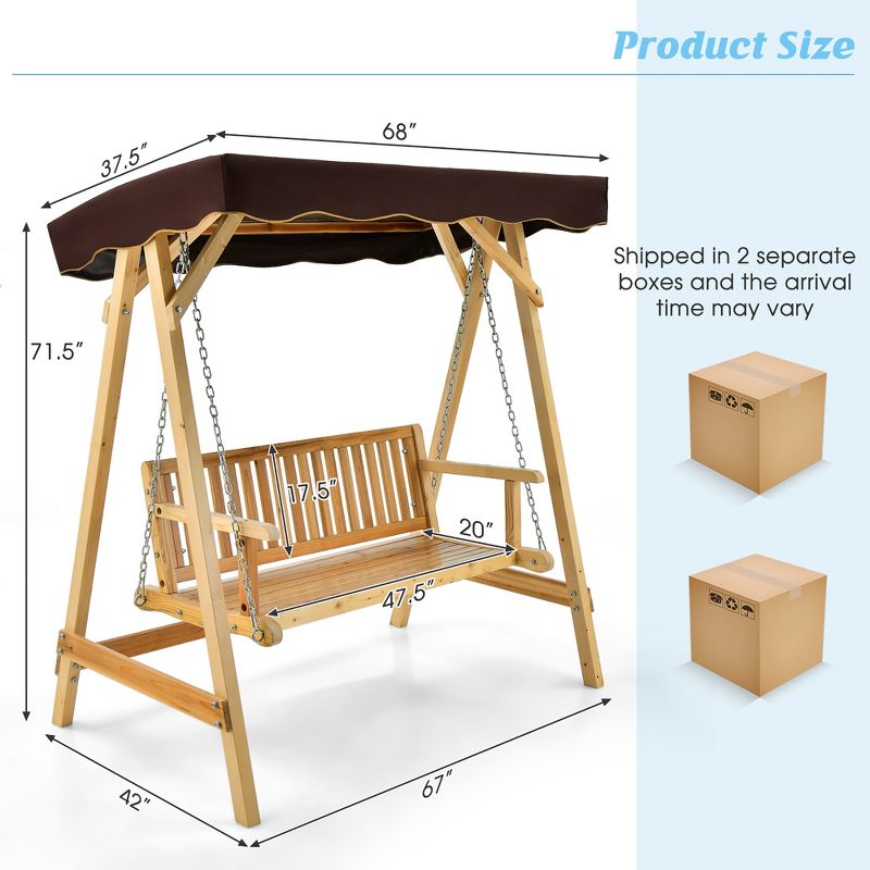 Costway 2 Person Wooden Garden Canopy Swing A-frame with Weather-resistant Canopy, 3 of 11