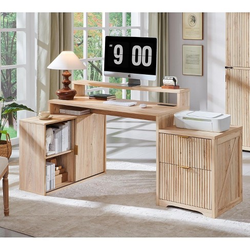 Modern 67" L-Shaped Desk with Storage Cabinet & Drawers, Wood Home Office Desk with Power Outlets, Standing Writing Desk - image 1 of 4