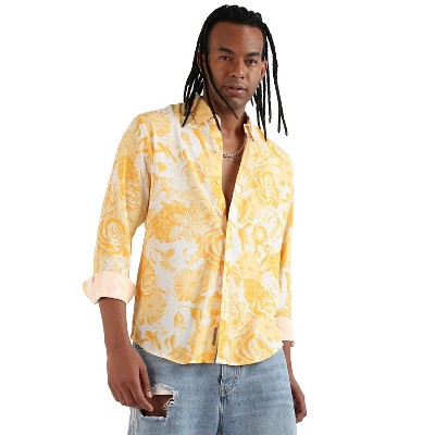 Campus Sutra Men Men's EcoLiva Yellow Contrast Botanical Shirt