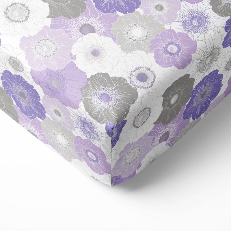 Bacati - Floral Printed Purple Gray 100 percent Cotton Universal Baby US Standard Crib or Toddler Bed Fitted Sheet, 1 of 7