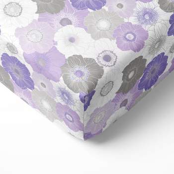 Bacati - Floral Printed Purple Gray 100 percent Cotton Universal Baby US Standard Crib or Toddler Bed Fitted Sheet