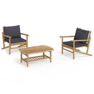vidaXL Patio Furniture Set Outdoor Conversation Set Sofa with Cushions Bamboo - 2x Chair + Table Dark Gray - 1 of 4