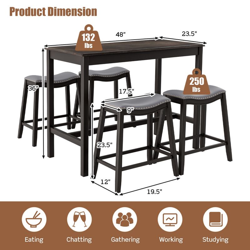 Costway 5PCS Bar Table Set Counter Height Table & Upholstered Saddle Stools Set for 4, 5 of 11