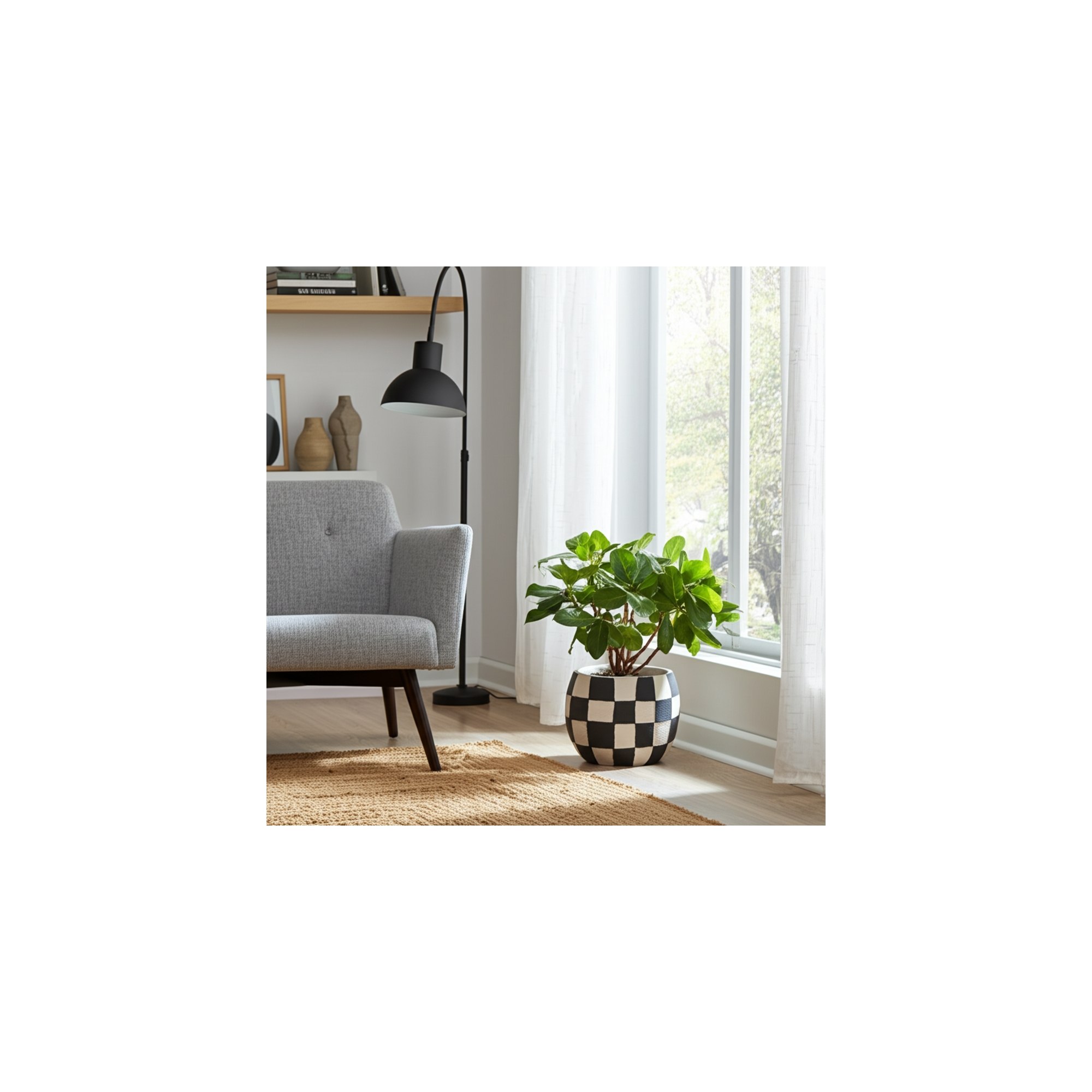Modern Rounded Checkerboard Flower Pots for Home Decor Stylilng - Refined Planter with Graphic Pattern Detail - Indoor and Outdoor - 7", Black & White