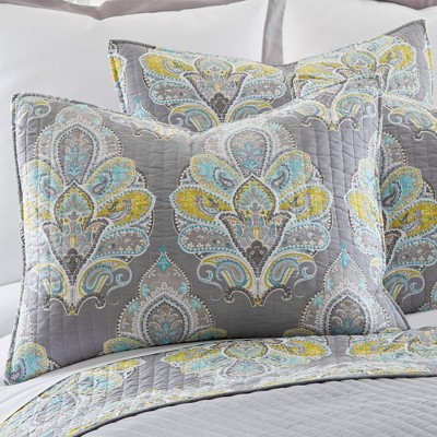 Cressley Gray and Yellow Cotton Quilt and Sham Set
