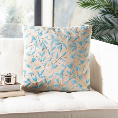 Beige and Blue Embroidered Cotton Floral Pillow, 20" x 20"