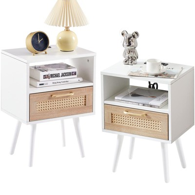 Angel Sar Rattan Nightstands Set of 2, Boho End Table with Power Outlet