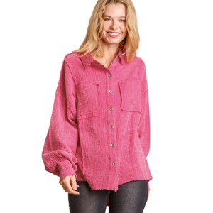 Slickblue Relaxed Fit Button Down With High Low Hem , Casual Top , Trendy Mineral Wash , Seaweed, S - 1 of 4