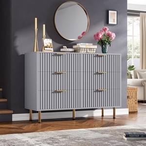Modern Sideboard with Fluted 6 Deep Drawers & Metal Legs, Wooden Dresser Organizer, Side Table for Bedroom Living Room Hallway Kids Room - 1 of 4