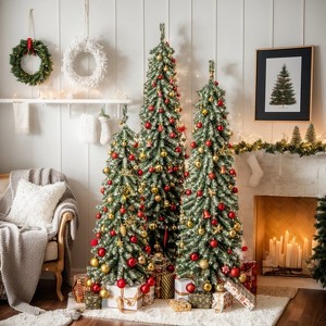 Resenkos 3-Piece Slim Pencil Christmas Tree Set (4ft/5ft/6ft) - 216+302+505 Branch Tips, Simulated Snow Cotton Green - 1 of 4