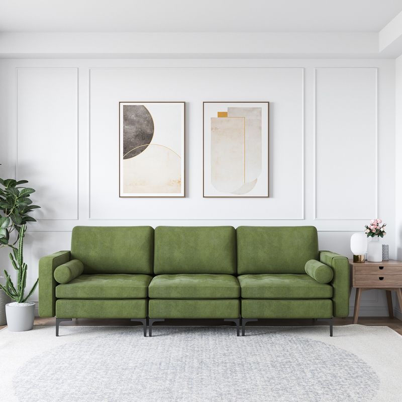 Costway Modern Modular 3-Seat Sofa Couch w/ Side Storage Pocket & Metal Legs Army Green, 3 of 11