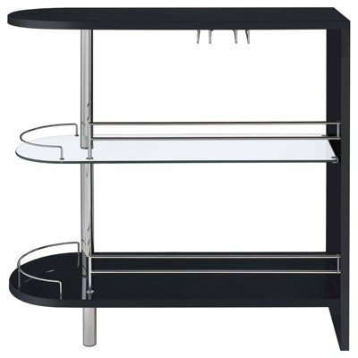 Contemporary Glossy Black Glass-Top Bar Table with Stemware Storage