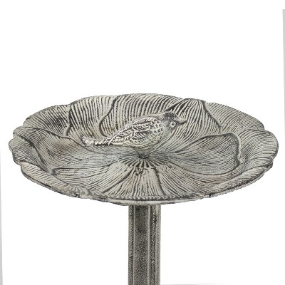 Antique Gray Cast Aluminum Bird Bath with Blossom Motif
