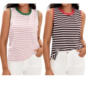 ATHLECHIC Women's Striped Color Block Side Slits Crew Neck Casual Sleeveless Shirts 2 Packs - 1 of 4
