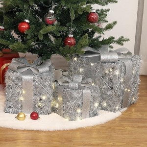 GAOMON Set of 3 Christmas Lighted Gift Boxes, Pre-Lit Gift Present Boxes with Ribbons and Bows, Xmas Ornaments - 1 of 4