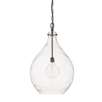 Farmhouse Clear Water Glass Teardrop Pendant with Black Accents