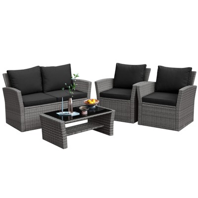 Tangkula 4-Piece Rattan Wicker Patio Outdoor Furniture Sofa Set with Cushions & Tempered Glass Table