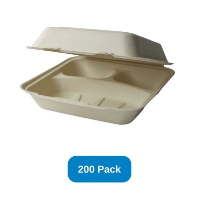 Green Paper Products 8" x 8" x 3" Clamshell 3 Compartment Natural Plant Fiber - Case of 200