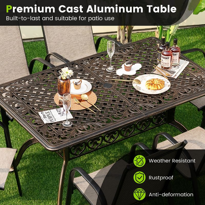 Tangkula 59" Patio Rectangle Dining Table Outdoor Cast Aluminum Table w/ Umbrella Hole, 5 of 11