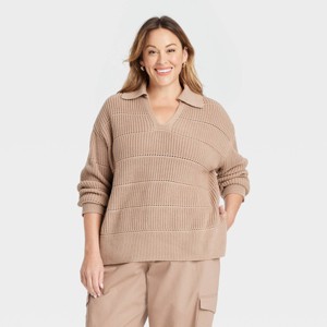 Women's Side Slit Collared Pullover Sweater - Ava & Viv™ - 1 of 3